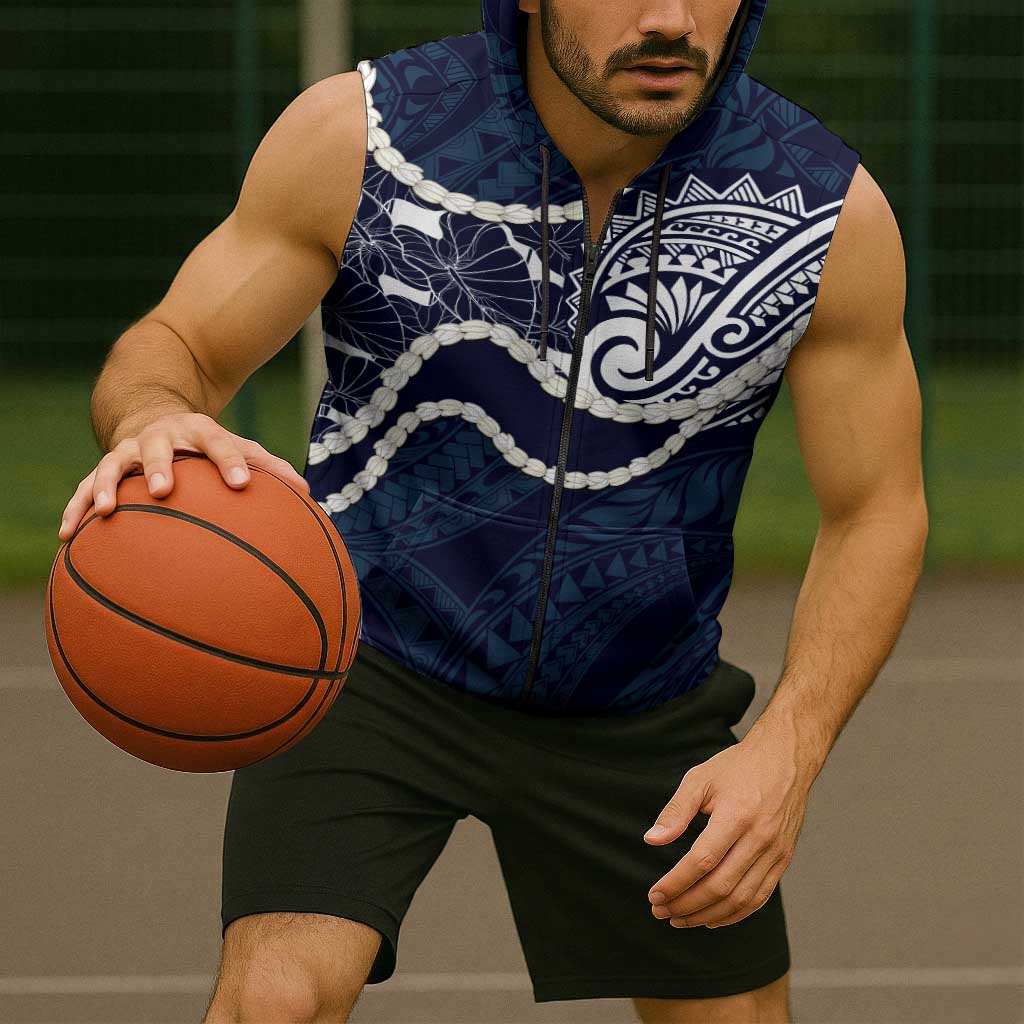 Aloha Hawaii Kalo Pikake Lei Sleeveless Zip Hoodie Chest Tattoo Oxford Blue Hawaiian Pattern