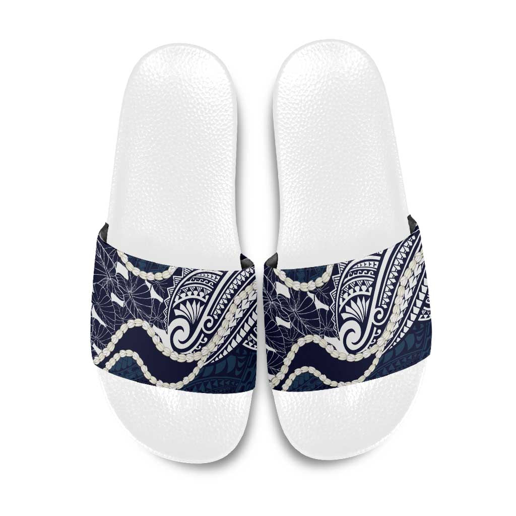 Aloha Hawaii Kalo Pikake Lei Slide Sandals Chest Tattoo Oxford Blue Hawaiian Pattern
