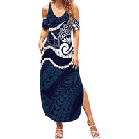 Aloha Hawaii Kalo Pikake Lei Summer Maxi Dress Chest Tattoo Oxford Blue Hawaiian Pattern