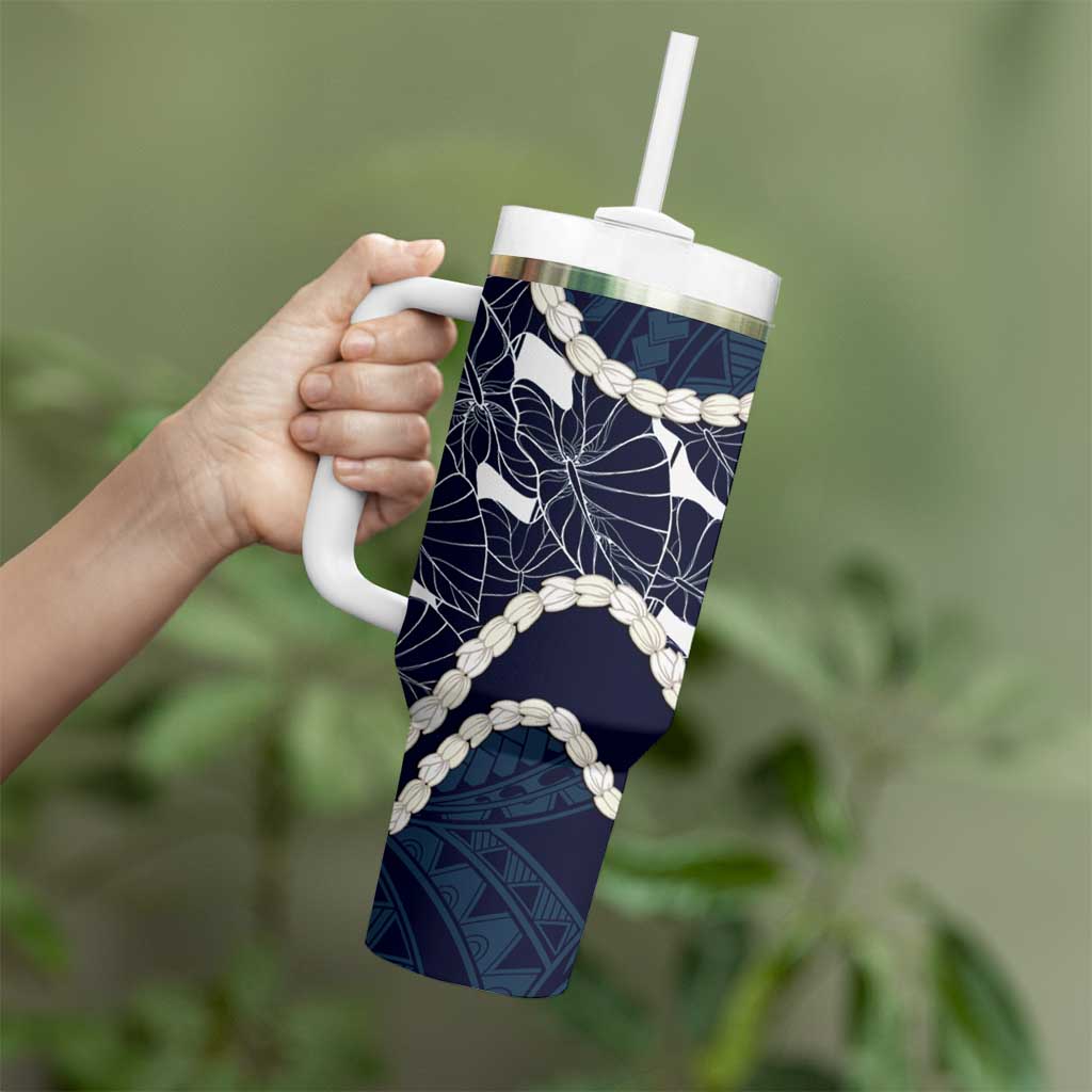 Aloha Hawaii Kalo Pikake Lei Tumbler With Handle Chest Tattoo Oxford Blue Hawaiian Pattern