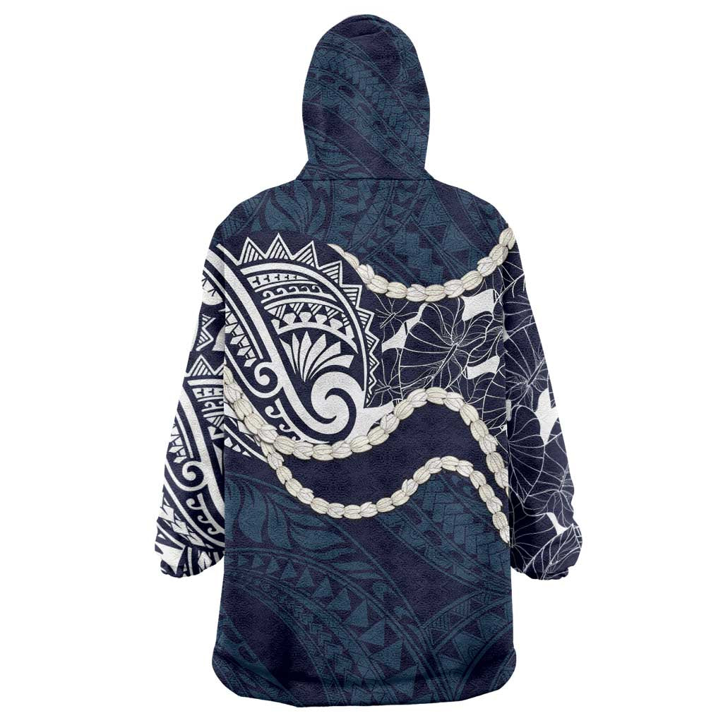 Aloha Hawaii Kalo Pikake Lei Wearable Blanket Hoodie Chest Tattoo Oxford Blue Hawaiian Pattern