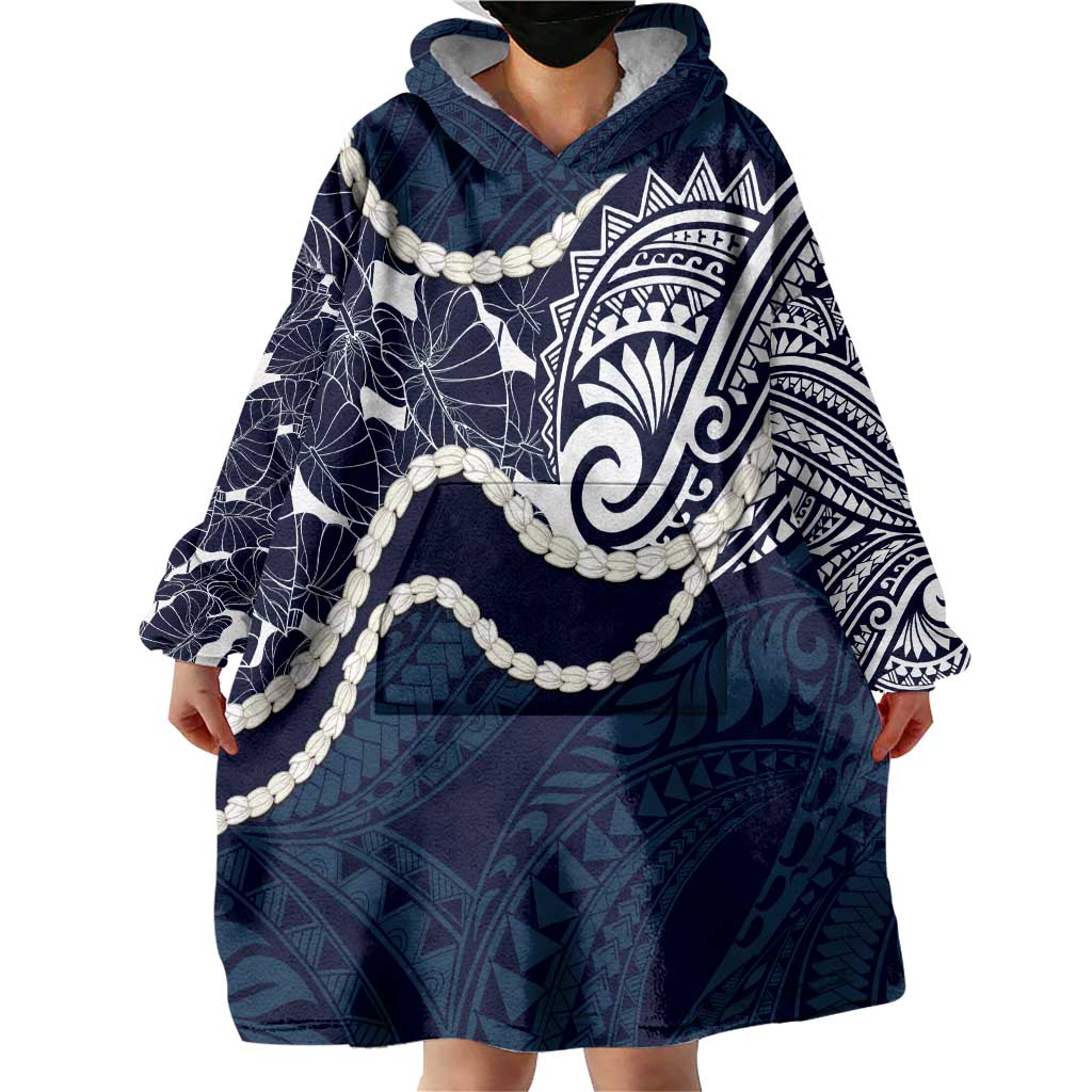 Aloha Hawaii Kalo Pikake Lei Wearable Blanket Hoodie Chest Tattoo Oxford Blue Hawaiian Pattern