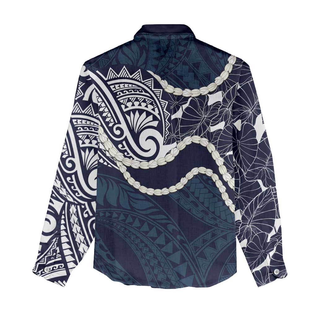 Aloha Hawaii Kalo Pikake Lei Women Casual Shirt Chest Tattoo Oxford Blue Hawaiian Pattern