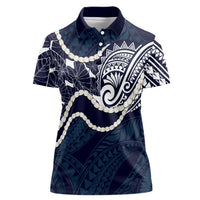 Aloha Hawaii Kalo Pikake Lei Women Polo Shirt Chest Tattoo Oxford Blue Hawaiian Pattern