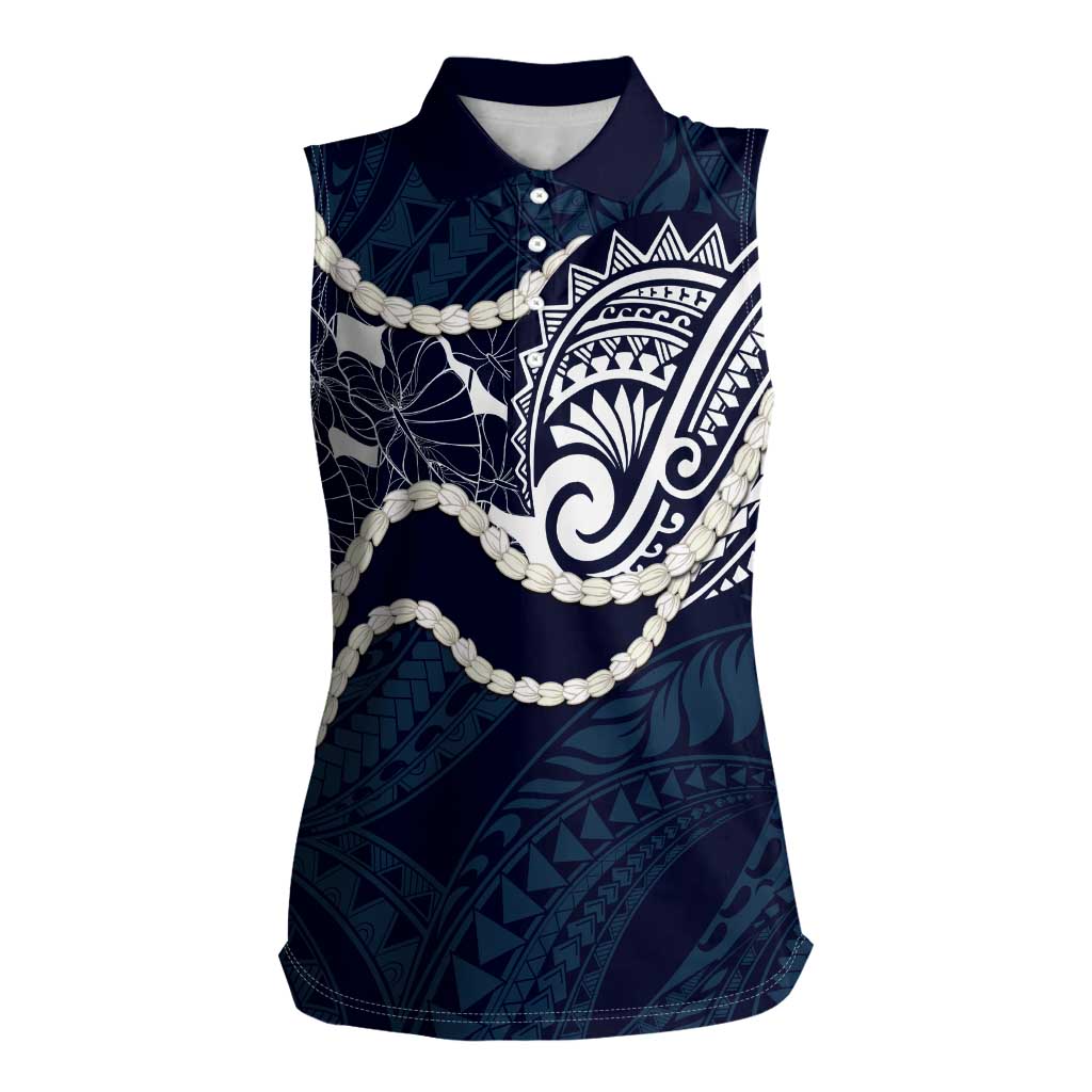 Aloha Hawaii Kalo Pikake Lei Women Sleeveless Polo Shirt Chest Tattoo Oxford Blue Hawaiian Pattern LT14 Female Oxford Blue - Polynesian Pride