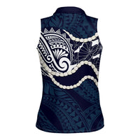 Aloha Hawaii Kalo Pikake Lei Women Sleeveless Polo Shirt Chest Tattoo Oxford Blue Hawaiian Pattern LT14 - Polynesian Pride
