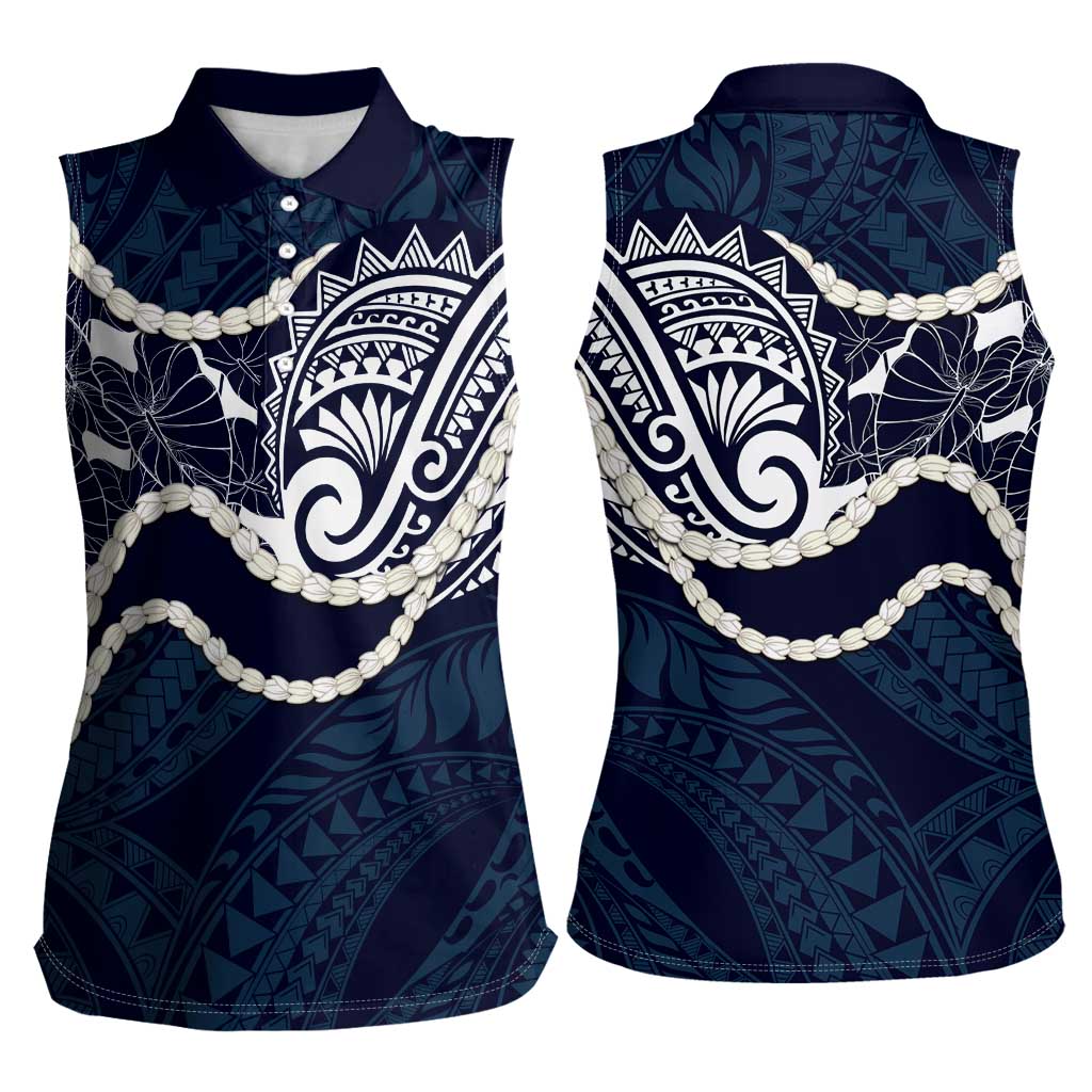 Aloha Hawaii Kalo Pikake Lei Women Sleeveless Polo Shirt Chest Tattoo Oxford Blue Hawaiian Pattern LT14 - Polynesian Pride