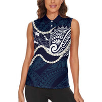 Aloha Hawaii Kalo Pikake Lei Women Sleeveless Polo Shirt Chest Tattoo Oxford Blue Hawaiian Pattern LT14 - Polynesian Pride
