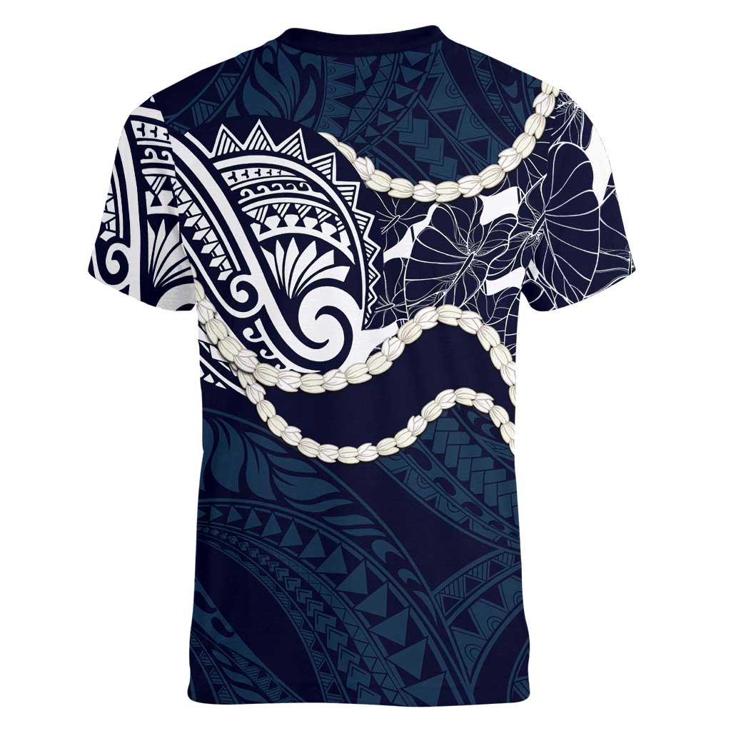 Aloha Hawaii Kalo Pikake Lei Women V-Neck T-Shirt Chest Tattoo Oxford Blue Hawaiian Pattern LT14 - Polynesian Pride
