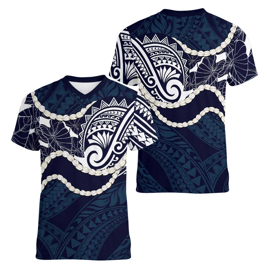 Aloha Hawaii Kalo Pikake Lei Women V-Neck T-Shirt Chest Tattoo Oxford Blue Hawaiian Pattern LT14 - Polynesian Pride