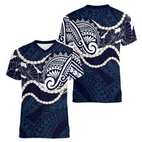 Aloha Hawaii Kalo Pikake Lei Women V-Neck T-Shirt Chest Tattoo Oxford Blue Hawaiian Pattern LT14 - Polynesian Pride