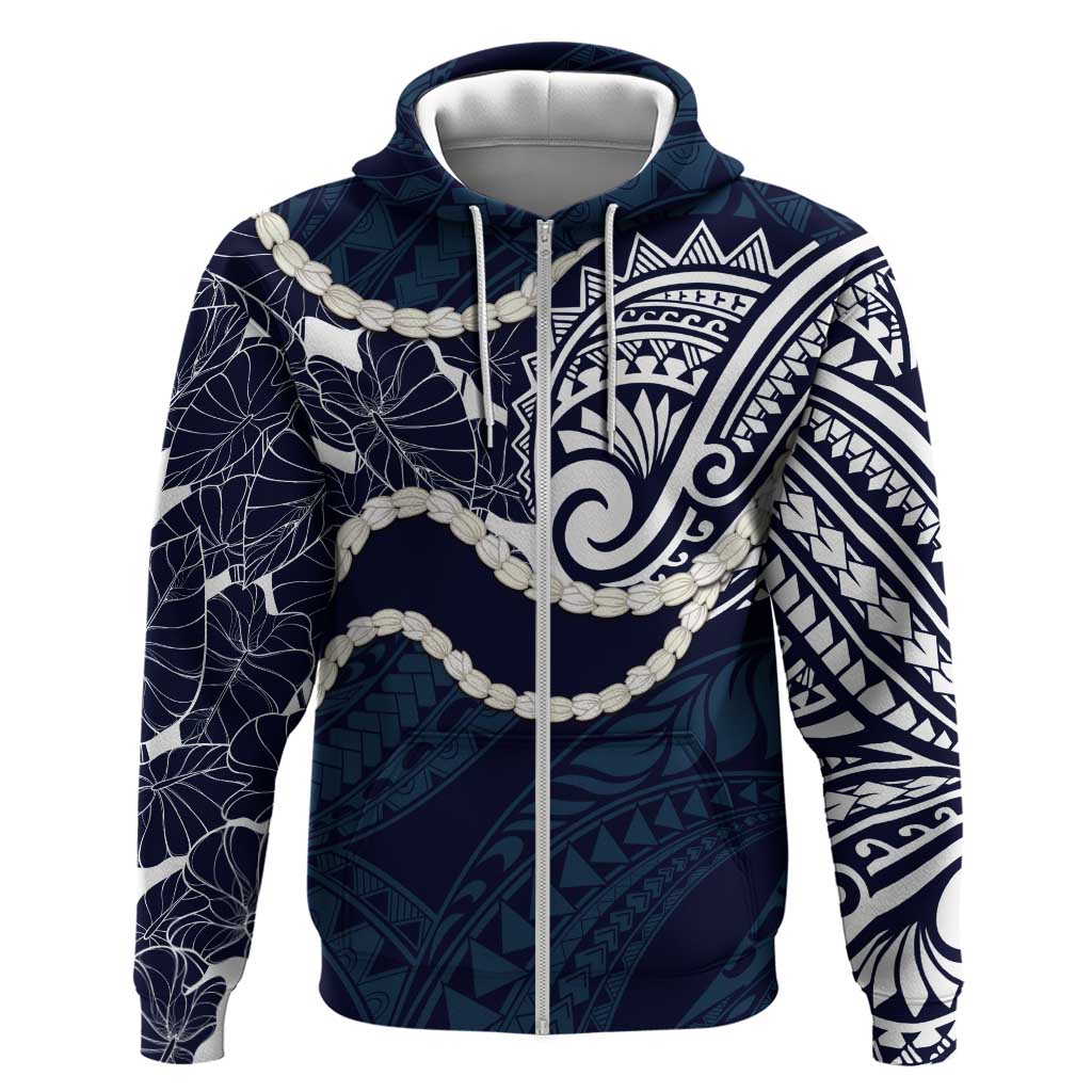 Aloha Hawaii Kalo Pikake Lei Zip Hoodie Chest Tattoo Oxford Blue Hawaiian Pattern