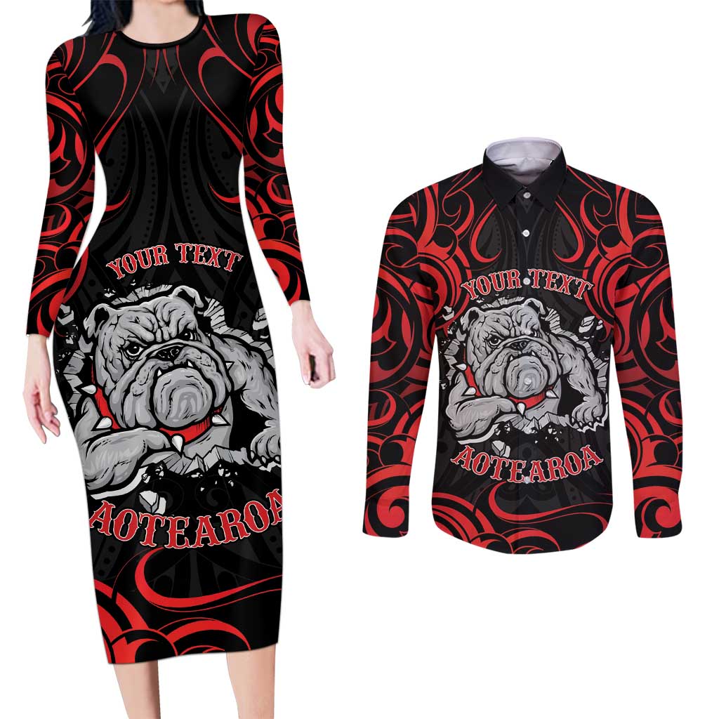 Personalised Aotearoa Bulldog Couples Matching Long Sleeve Bodycon Dress and Long Sleeve Button Shirt NZ Maori Tattoo