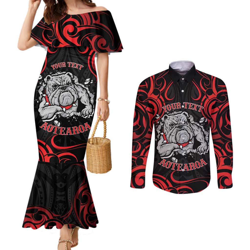 Personalised Aotearoa Bulldog Couples Matching Mermaid Dress and Long Sleeve Button Shirt NZ Maori Tattoo