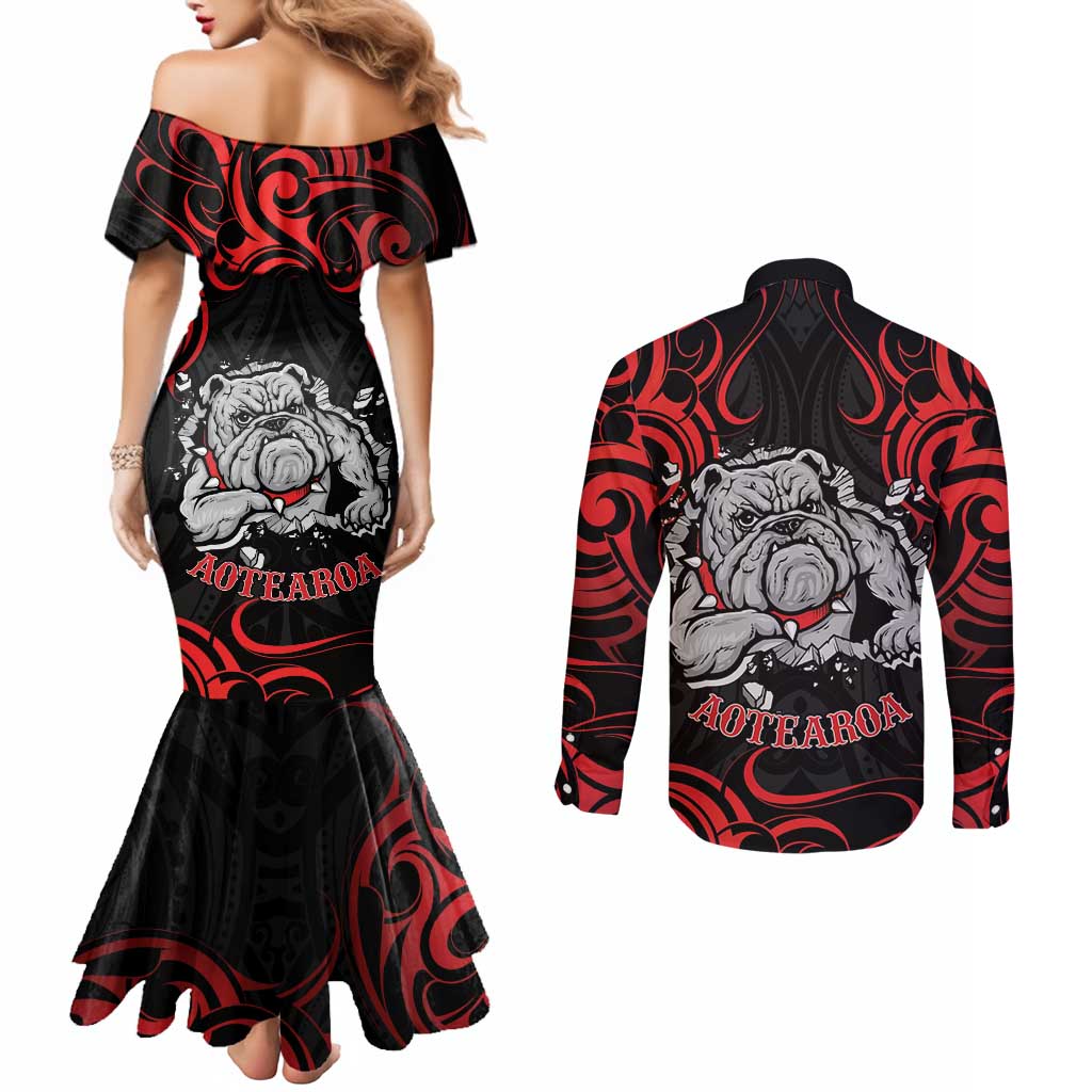 Personalised Aotearoa Bulldog Couples Matching Mermaid Dress and Long Sleeve Button Shirt NZ Maori Tattoo