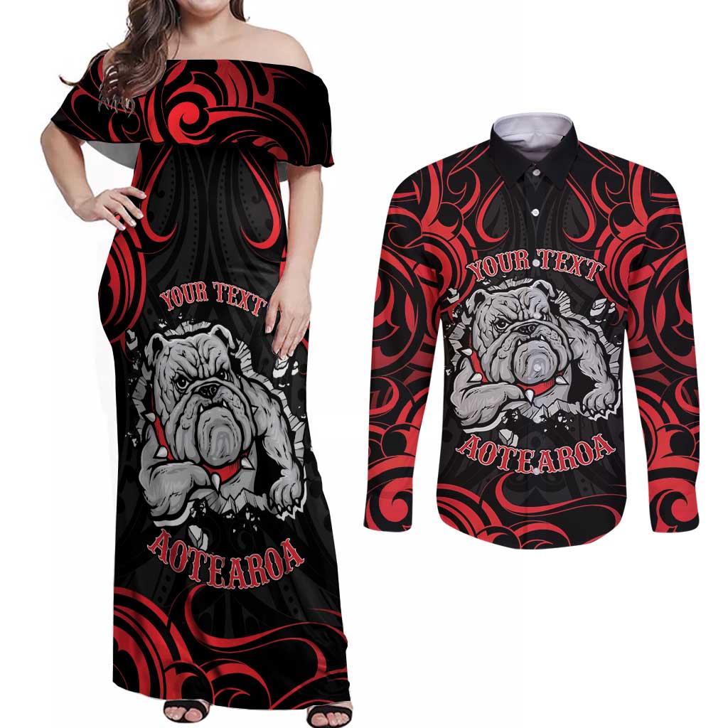 Personalised Aotearoa Bulldog Couples Matching Off Shoulder Maxi Dress and Long Sleeve Button Shirt NZ Maori Tattoo