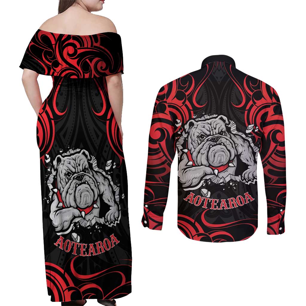Personalised Aotearoa Bulldog Couples Matching Off Shoulder Maxi Dress and Long Sleeve Button Shirt NZ Maori Tattoo