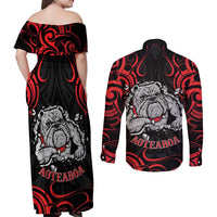 Personalised Aotearoa Bulldog Couples Matching Off Shoulder Maxi Dress and Long Sleeve Button Shirt NZ Maori Tattoo