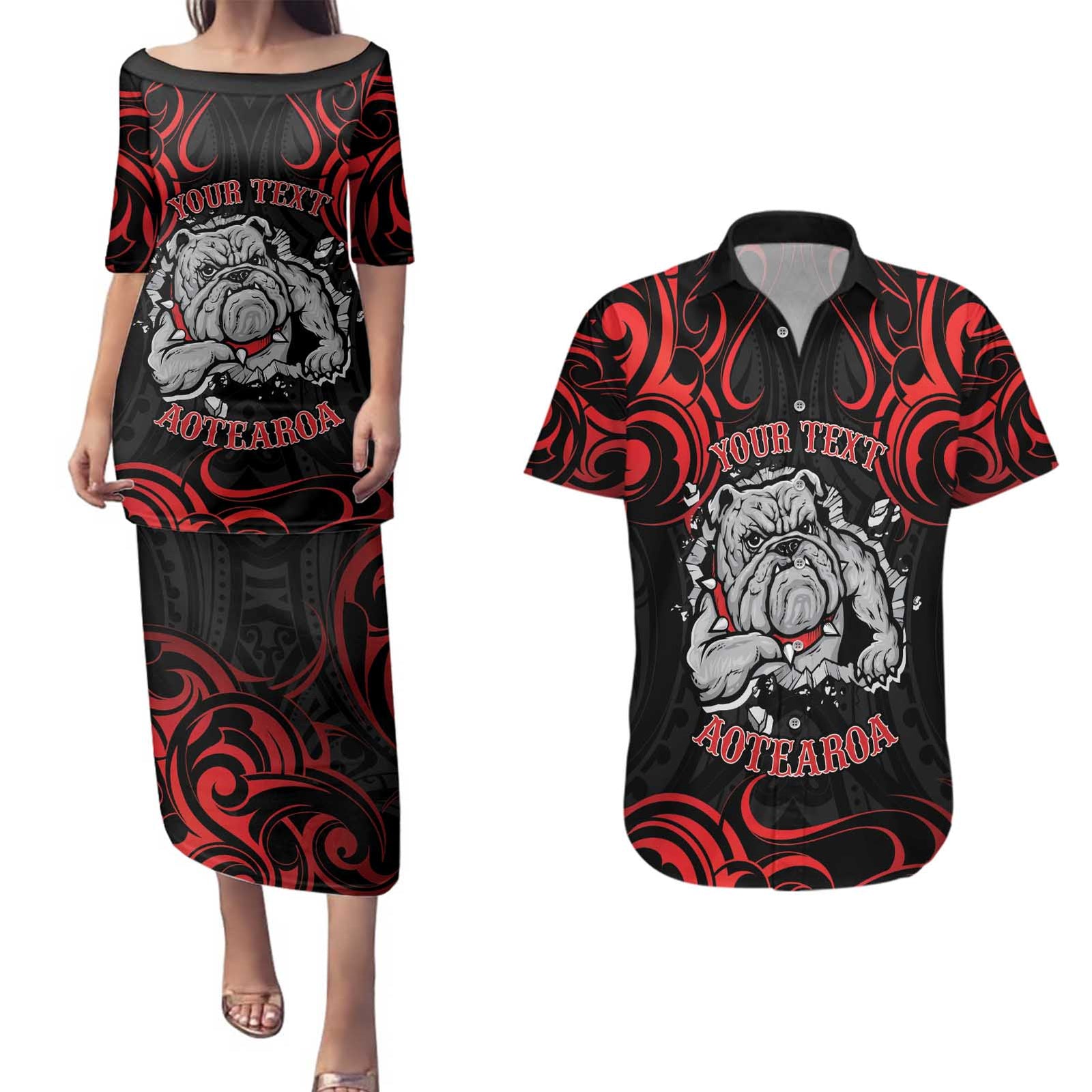 Personalised Aotearoa Bulldog Couples Matching Puletasi and Hawaiian Shirt NZ Maori Tattoo