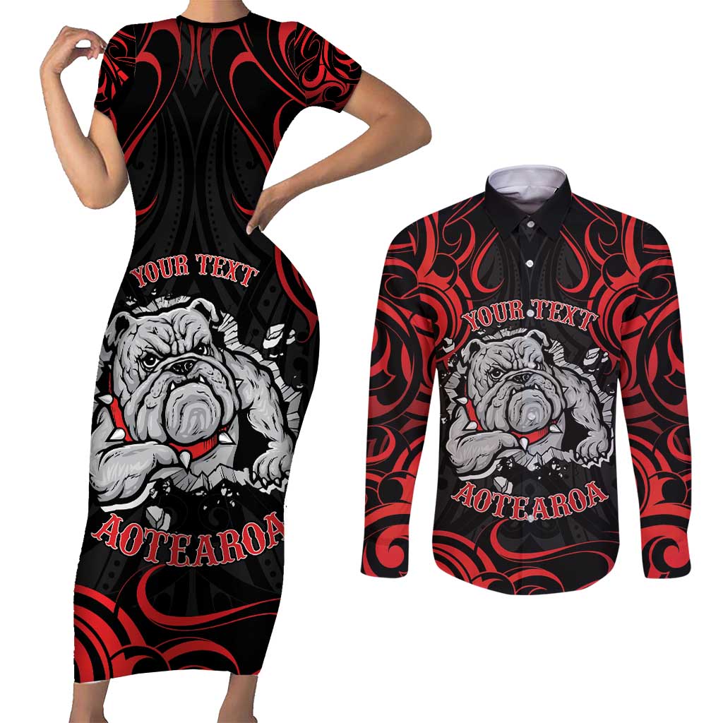 Personalised Aotearoa Bulldog Couples Matching Short Sleeve Bodycon Dress and Long Sleeve Button Shirt NZ Maori Tattoo