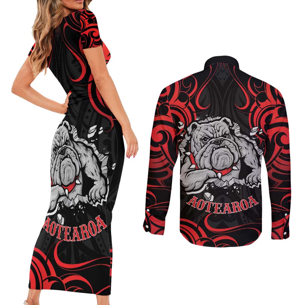 Personalised Aotearoa Bulldog Couples Matching Short Sleeve Bodycon Dress and Long Sleeve Button Shirt NZ Maori Tattoo