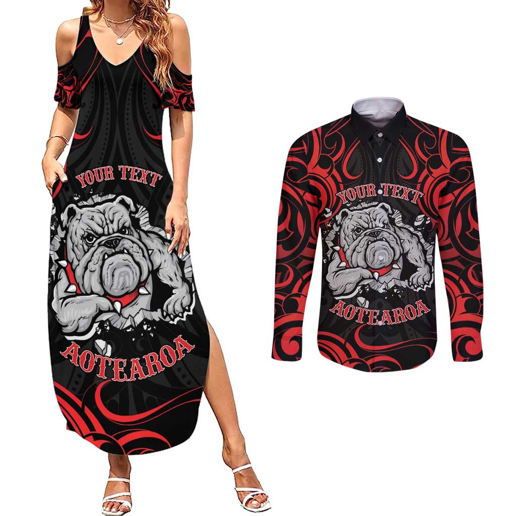 Personalised Aotearoa Bulldog Couples Matching Summer Maxi Dress and Long Sleeve Button Shirt NZ Maori Tattoo