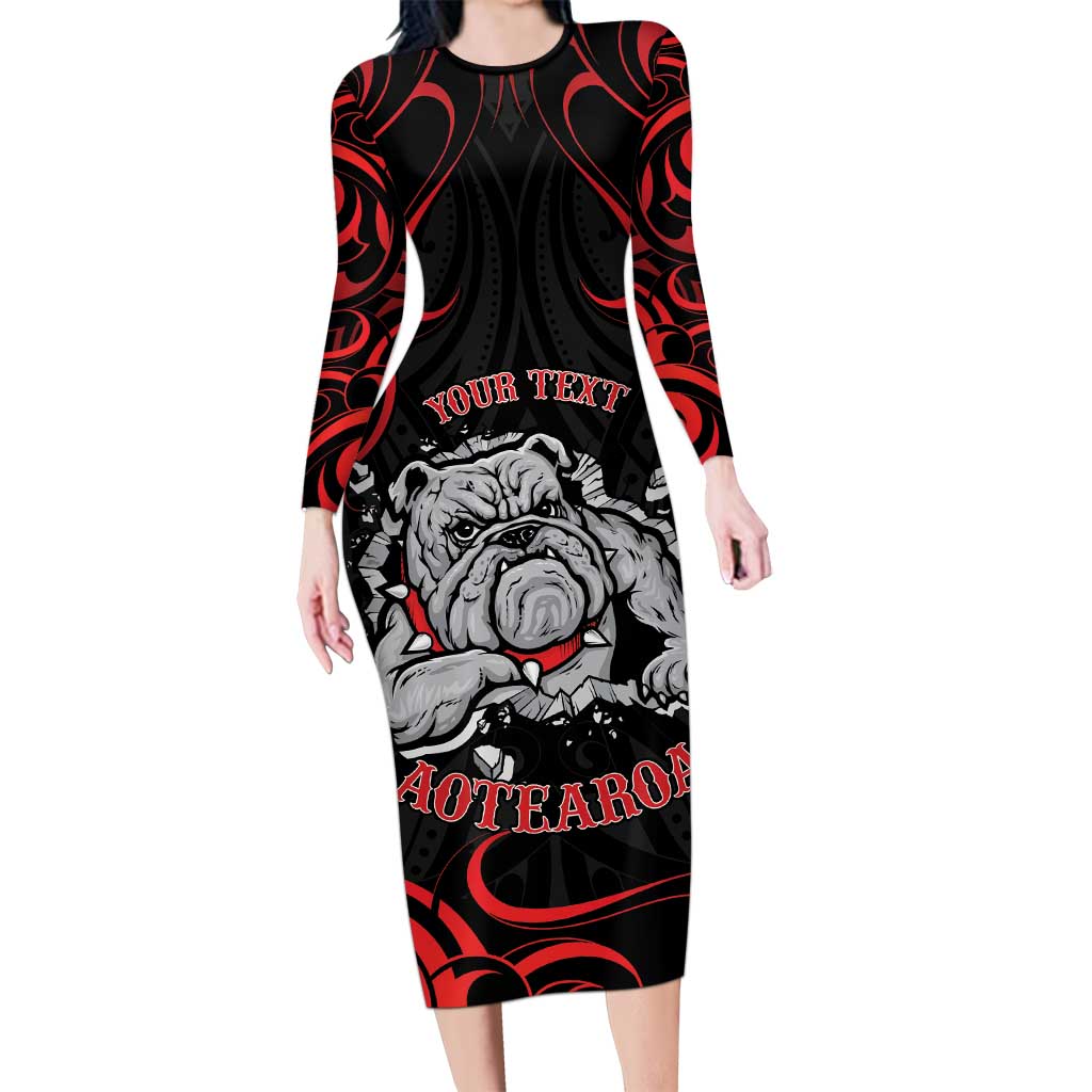Personalised Aotearoa Bulldog Family Matching Long Sleeve Bodycon Dress and Hawaiian Shirt NZ Maori Tattoo LT14 Mom's Dress Red - Polynesian Pride