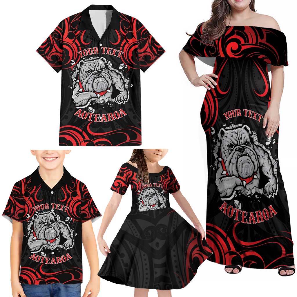 Personalised Aotearoa Bulldog Family Matching Off Shoulder Maxi Dress and Hawaiian Shirt NZ Maori Tattoo