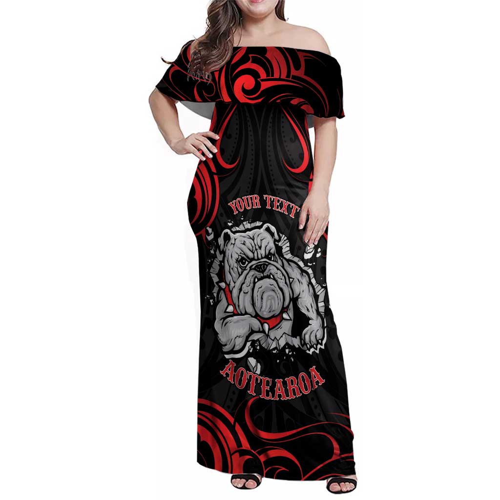 Personalised Aotearoa Bulldog Family Matching Off Shoulder Maxi Dress and Hawaiian Shirt NZ Maori Tattoo