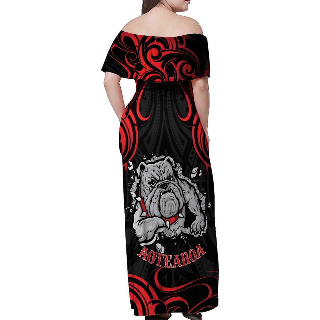 Personalised Aotearoa Bulldog Family Matching Off Shoulder Maxi Dress and Hawaiian Shirt NZ Maori Tattoo