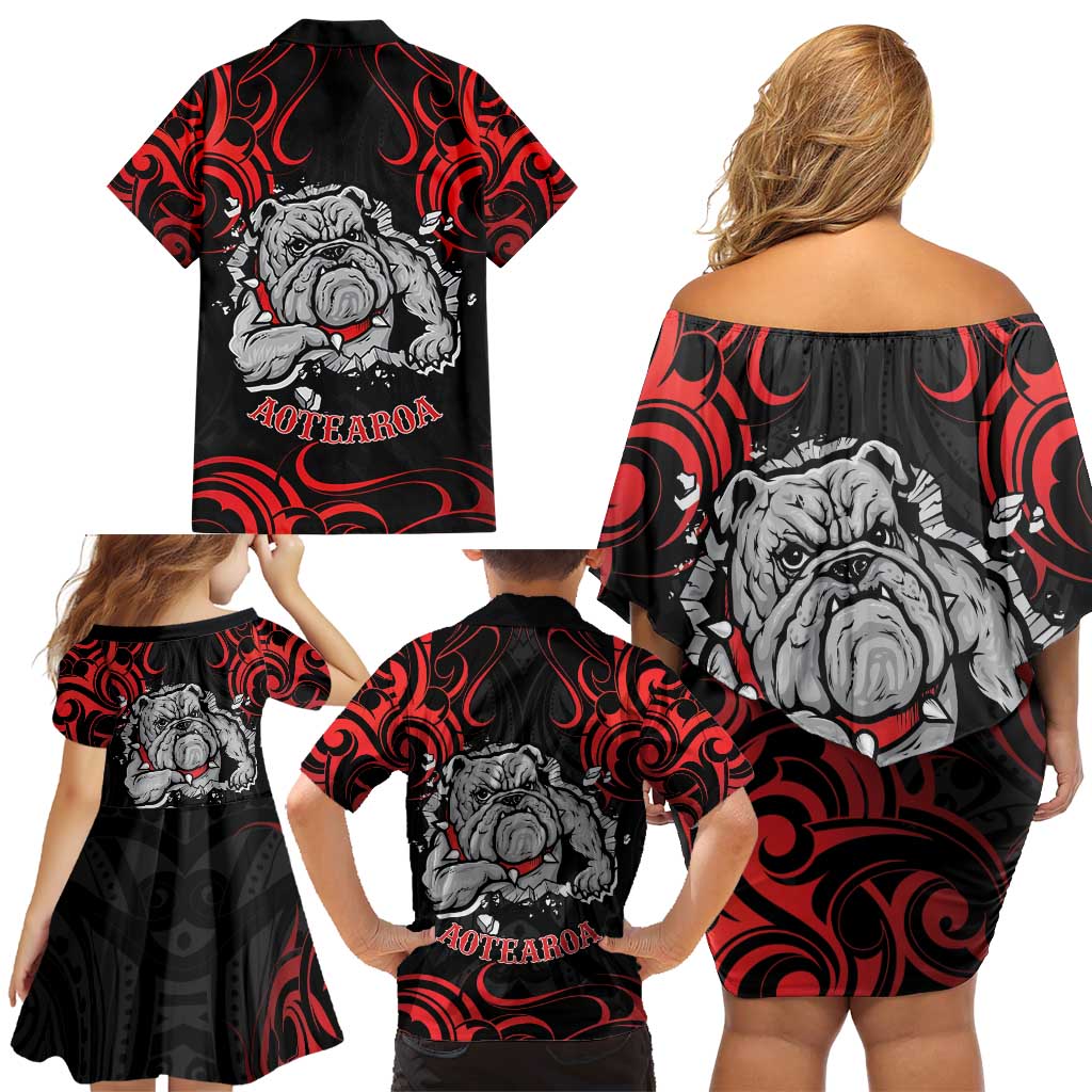 Personalised Aotearoa Bulldog Family Matching Off Shoulder Short Dress and Hawaiian Shirt NZ Maori Tattoo