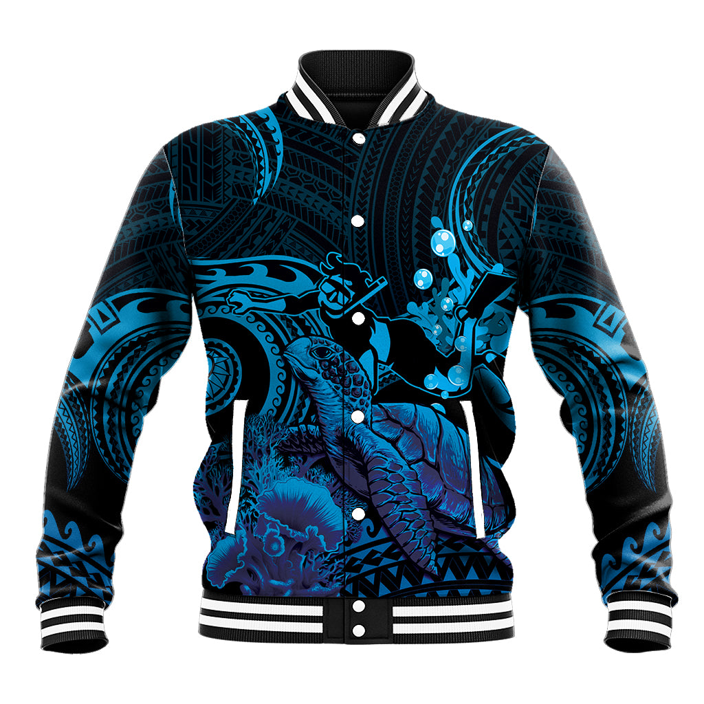 Blue Aloha Hawaii Baseball Jacket Snorkeling With Sea Turtle Polynesian Pattern