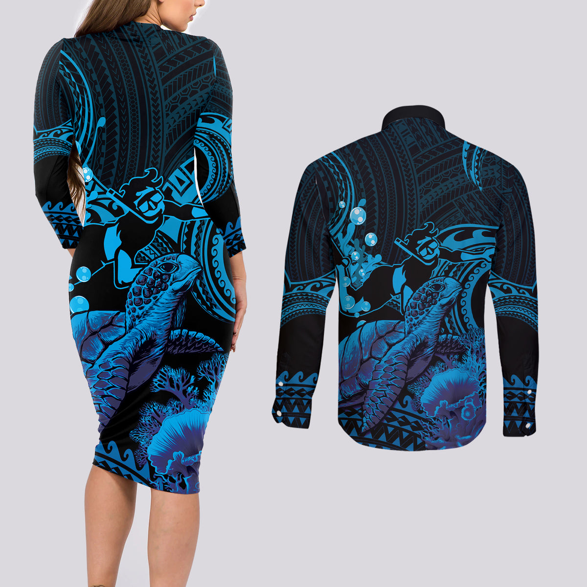 Blue Aloha Hawaii Couples Matching Long Sleeve Bodycon Dress and Long Sleeve Button Shirt Snorkeling With Sea Turtle Polynesian Pattern