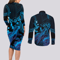 Blue Aloha Hawaii Couples Matching Long Sleeve Bodycon Dress and Long Sleeve Button Shirt Snorkeling With Sea Turtle Polynesian Pattern