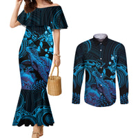Blue Aloha Hawaii Couples Matching Mermaid Dress and Long Sleeve Button Shirt Snorkeling With Sea Turtle Polynesian Pattern