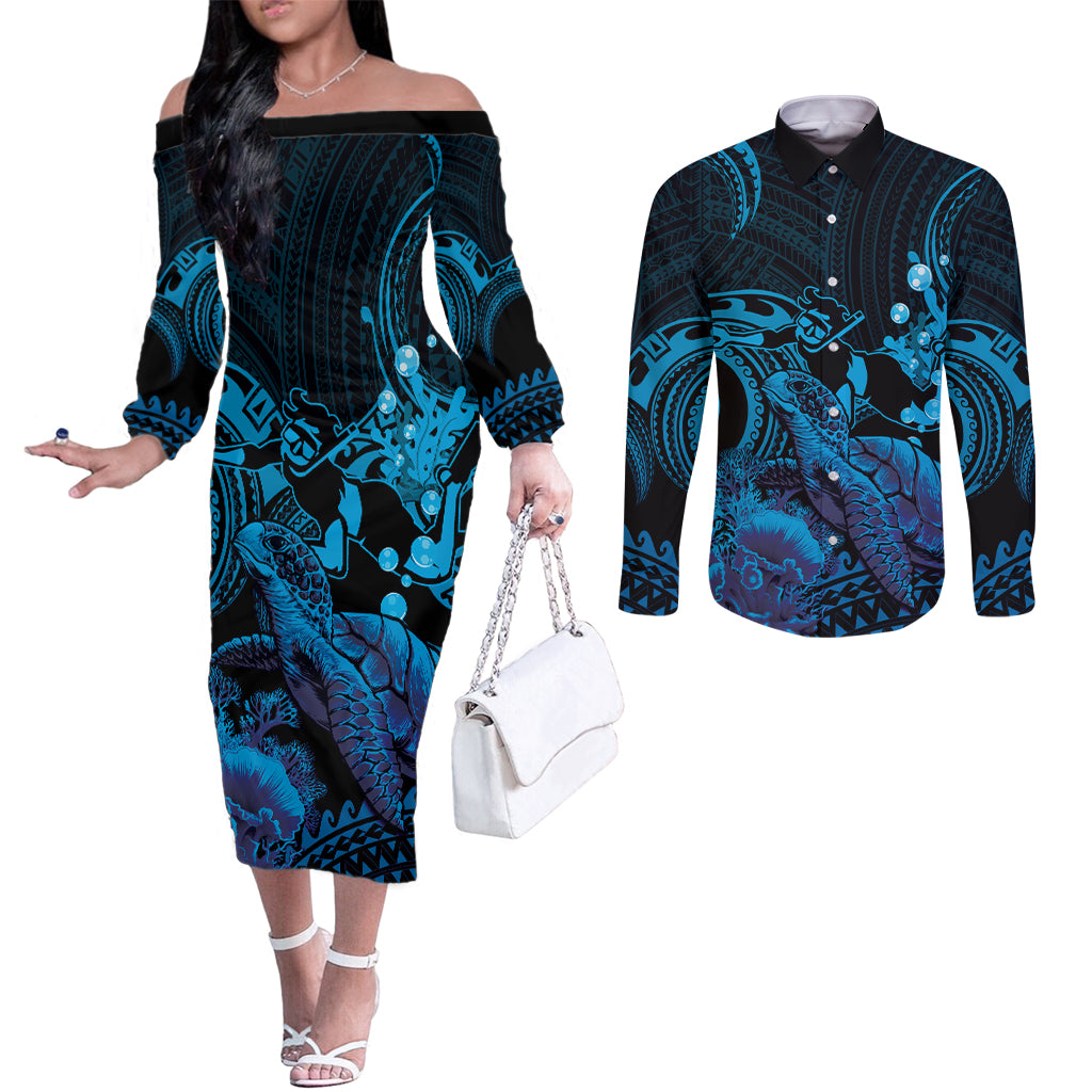 Blue Aloha Hawaii Couples Matching Off The Shoulder Long Sleeve Dress and Long Sleeve Button Shirt Snorkeling With Sea Turtle Polynesian Pattern