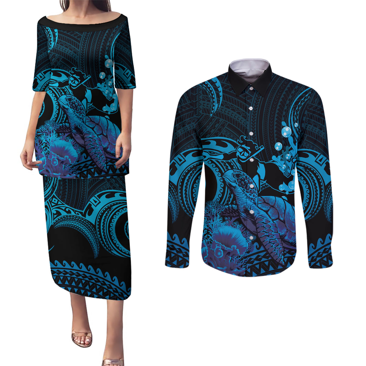 Blue Aloha Hawaii Couples Matching Puletasi and Long Sleeve Button Shirt Snorkeling With Sea Turtle Polynesian Pattern
