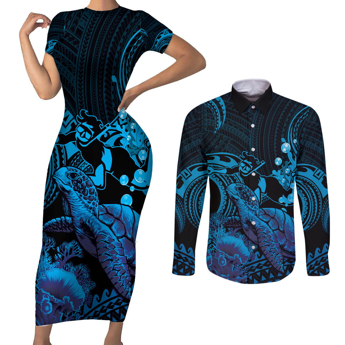 Blue Aloha Hawaii Couples Matching Short Sleeve Bodycon Dress and Long Sleeve Button Shirt Snorkeling With Sea Turtle Polynesian Pattern