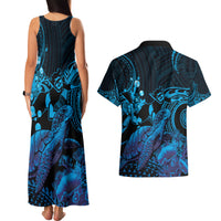 Blue Aloha Hawaii Couples Matching Tank Maxi Dress and Hawaiian Shirt Snorkeling With Sea Turtle Polynesian Pattern