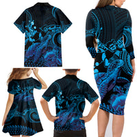 Blue Aloha Hawaii Family Matching Long Sleeve Bodycon Dress and Hawaiian Shirt Snorkeling With Sea Turtle Polynesian Pattern