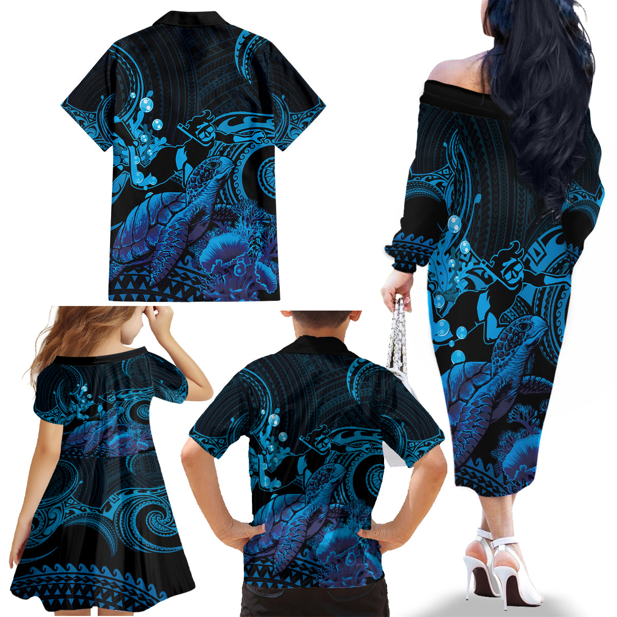 Blue Aloha Hawaii Family Matching Off The Shoulder Long Sleeve Dress and Hawaiian Shirt Snorkeling With Sea Turtle Polynesian Pattern