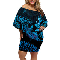 Blue Aloha Hawaii Family Matching Off Shoulder Short Dress and Hawaiian Shirt Snorkeling With Sea Turtle Polynesian Pattern