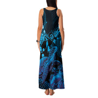 Blue Aloha Hawaii Family Matching Tank Maxi Dress and Hawaiian Shirt Snorkeling With Sea Turtle Polynesian Pattern