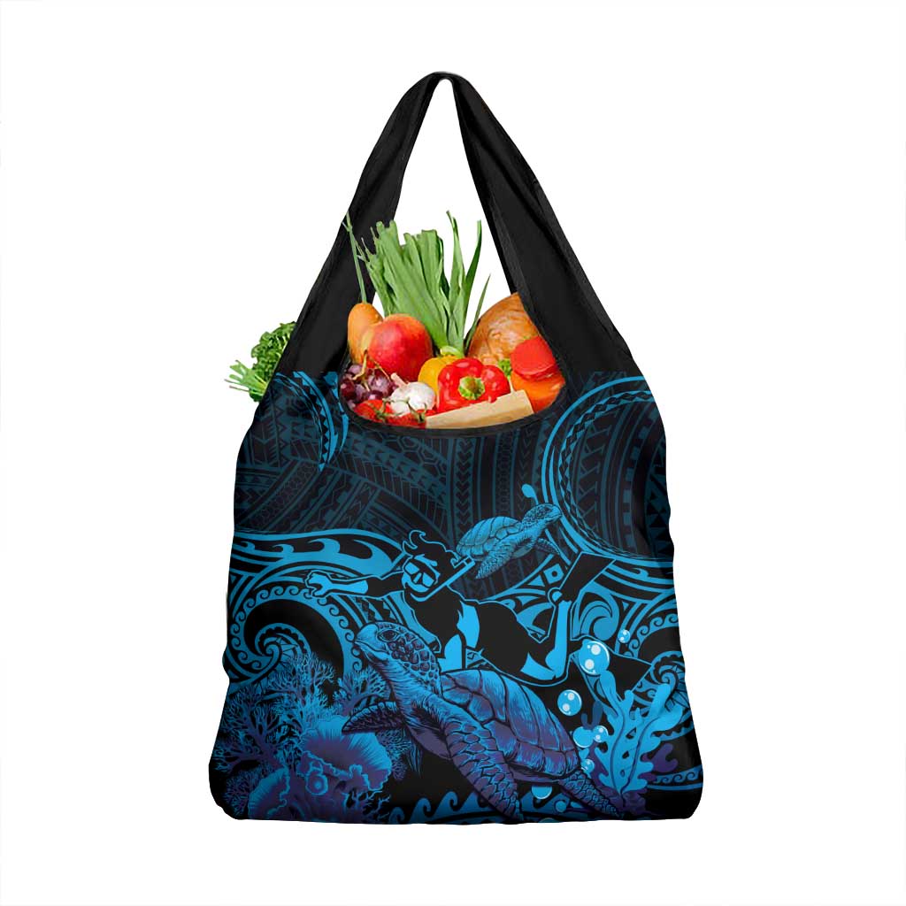 Blue Aloha Hawaii Grocery Bag Snorkeling With Sea Turtle Polynesian Pattern