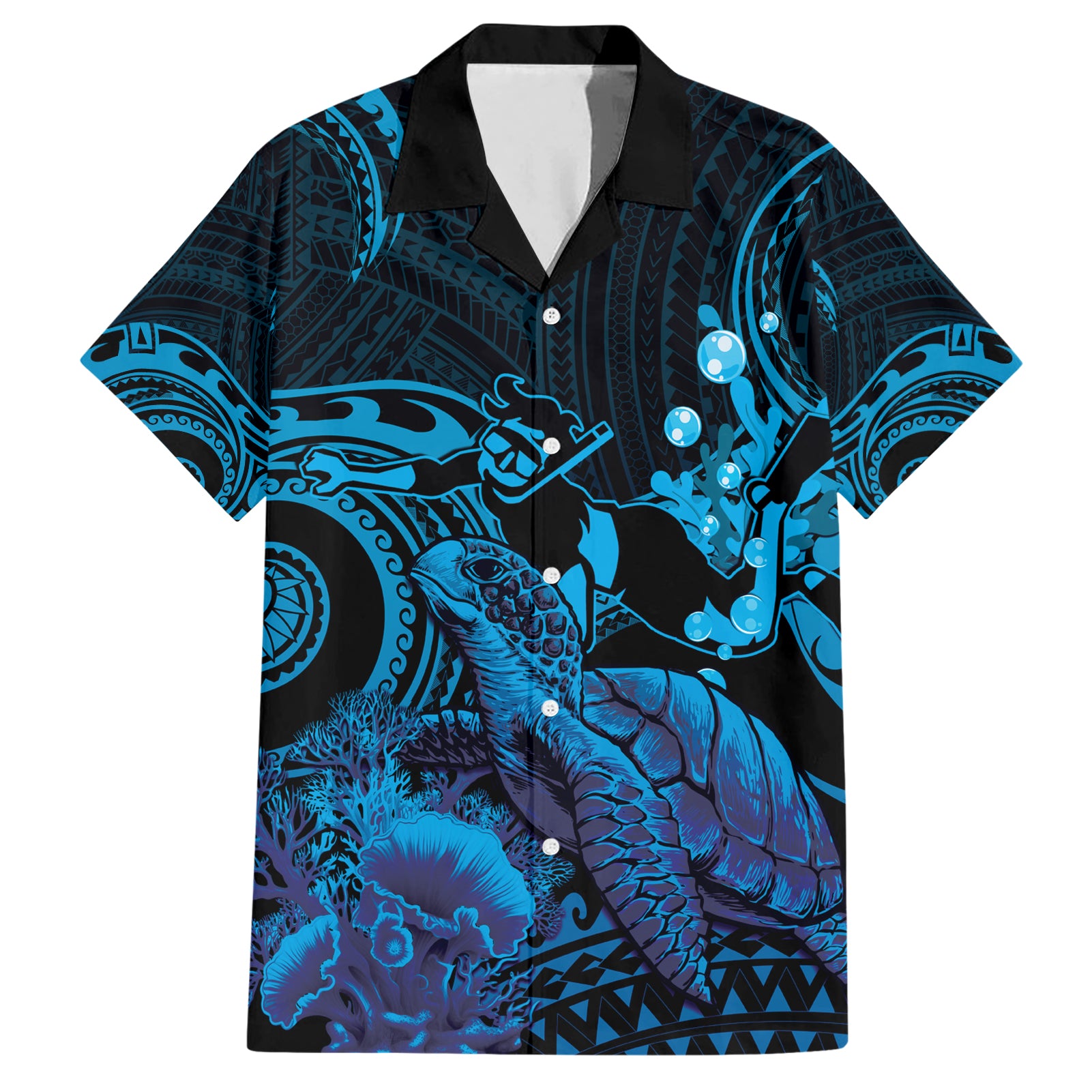 Blue Aloha Hawaii Hawaiian Shirt Snorkeling With Sea Turtle Polynesian Pattern