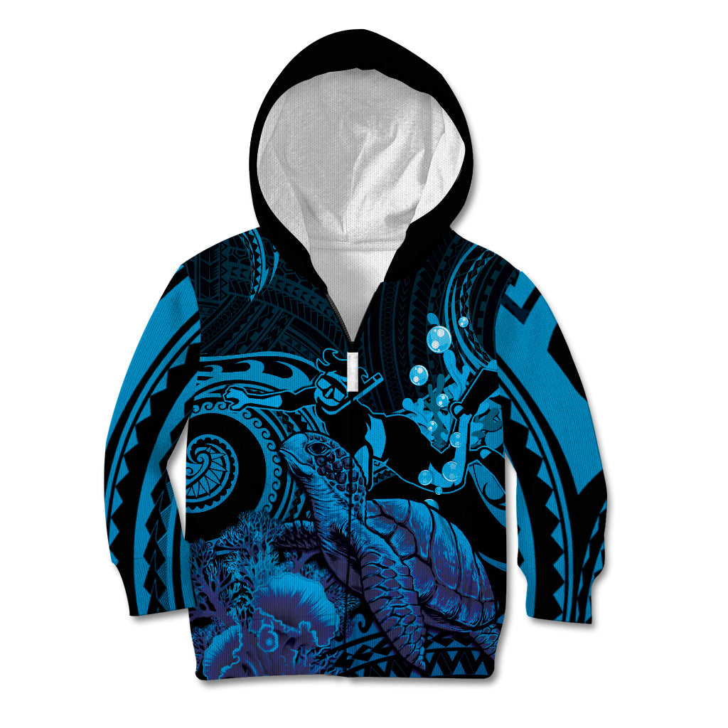 Blue Aloha Hawaii Kid Hoodie Snorkeling With Sea Turtle Polynesian Pattern