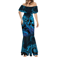 Blue Aloha Hawaii Mermaid Dress Snorkeling With Sea Turtle Polynesian Pattern