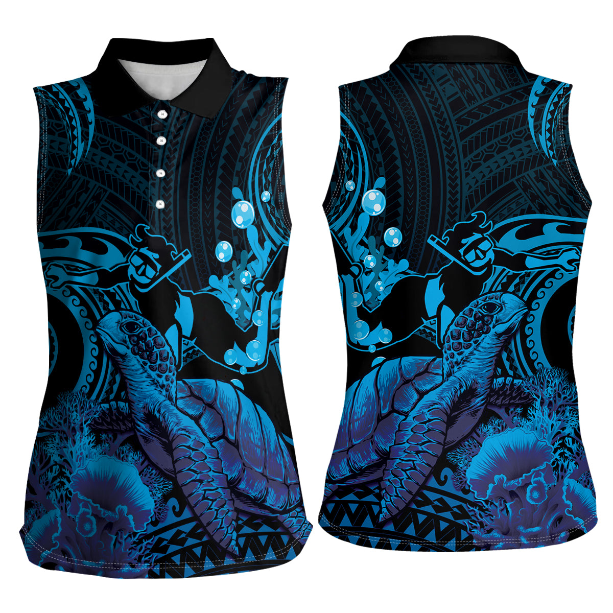 Blue Aloha Hawaii Women Sleeveless Polo Shirt Snorkeling With Sea Turtle Polynesian Pattern