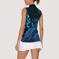 Blue Aloha Hawaii Women Sleeveless Polo Shirt Snorkeling With Sea Turtle Polynesian Pattern