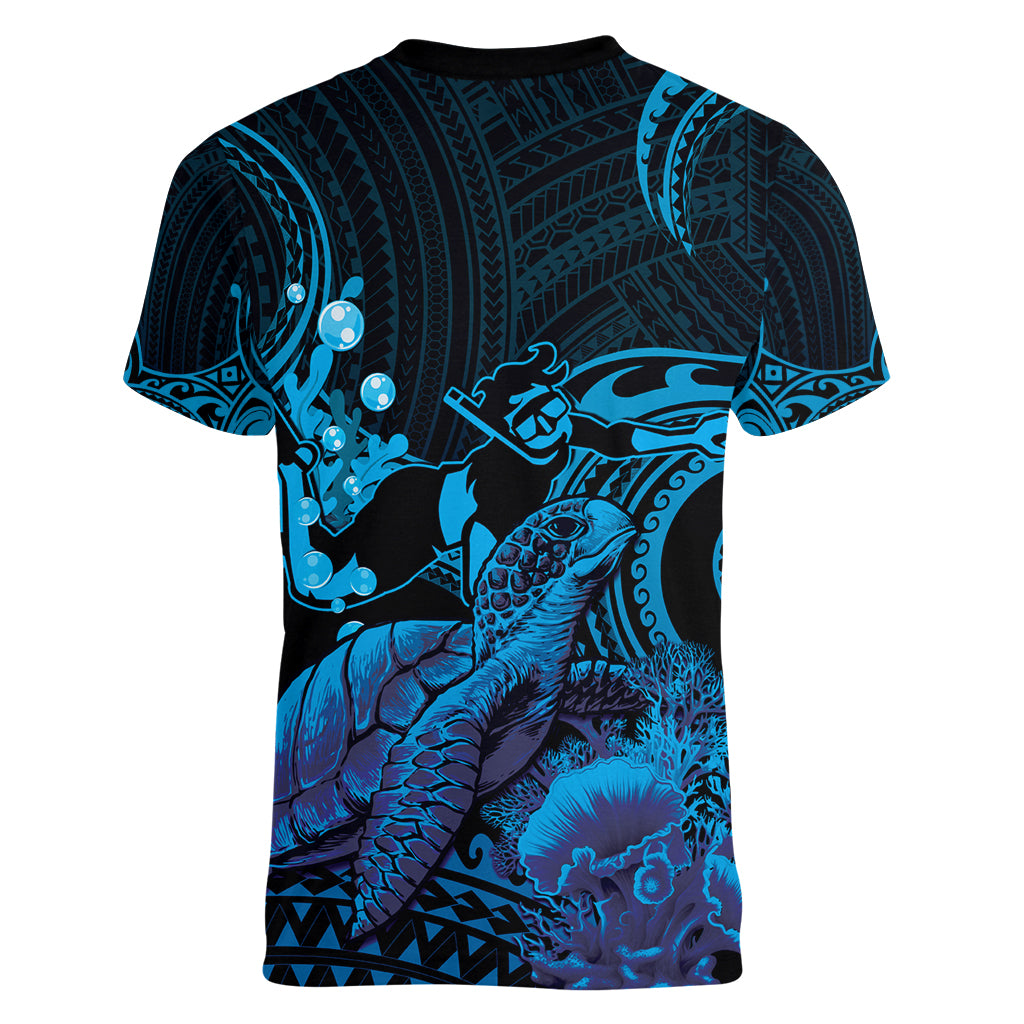 Blue Aloha Hawaii Women V-Neck T-Shirt Snorkeling With Sea Turtle Polynesian Pattern